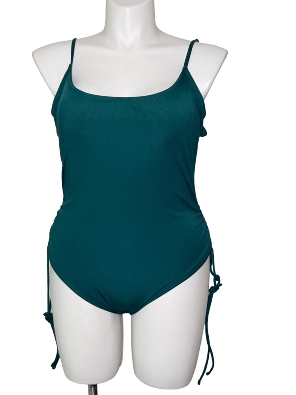 One-Piece Swimsuit low back high leg ribbed dark green / teal women Large square